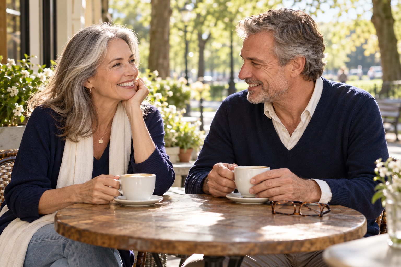 Two adults in their fifties and sixties enjoying a relaxed coffee date at a leafy outdoor cafe.