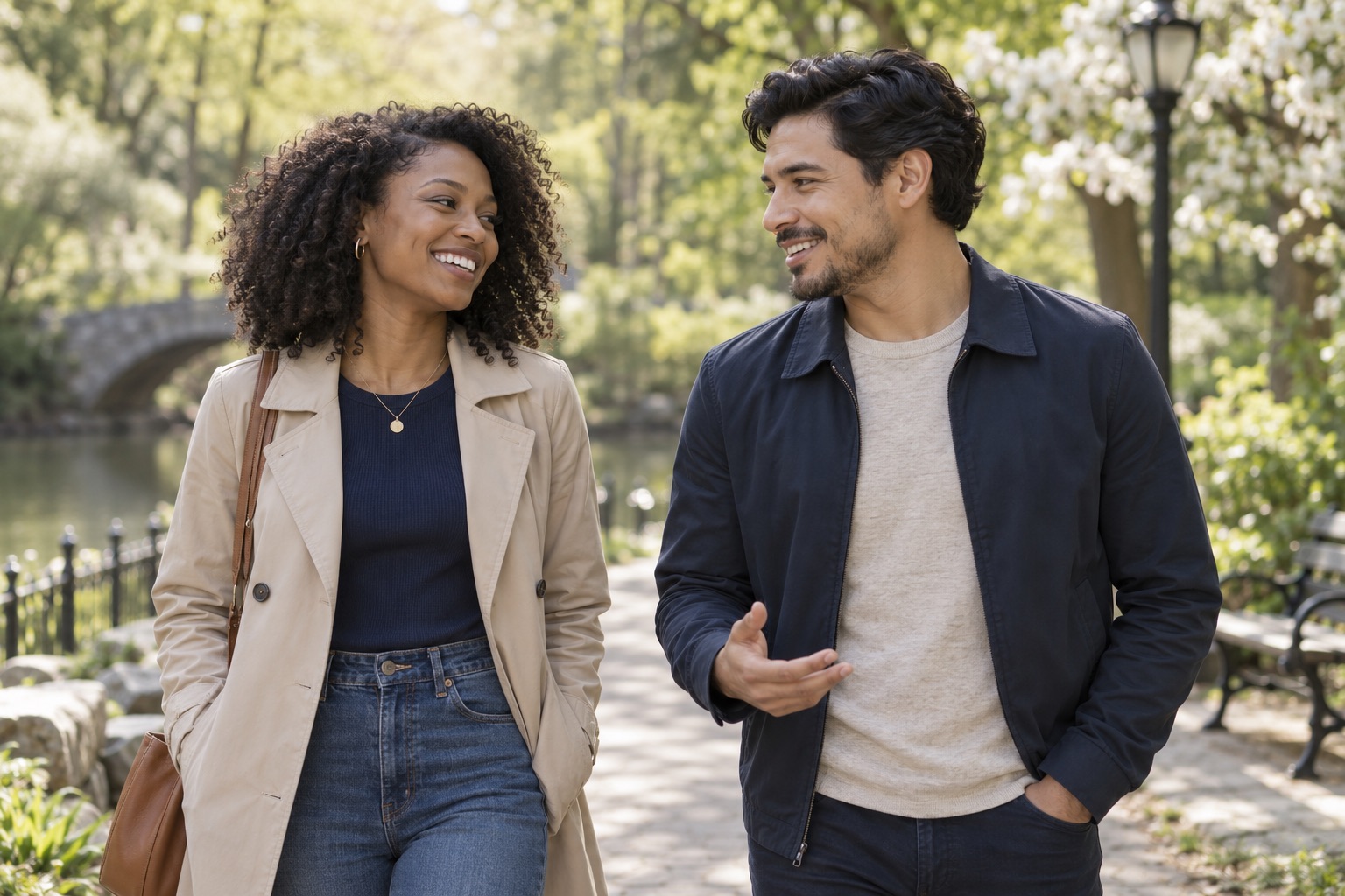 Two adults getting to know each other on a relaxed park date.