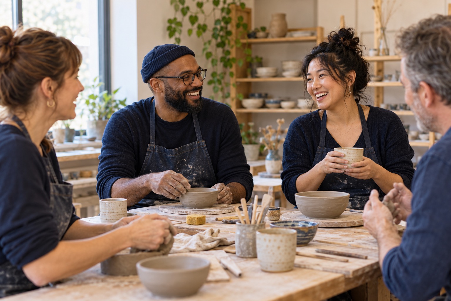 Adults enjoying a relaxed conversation while making pottery at a community workshop.