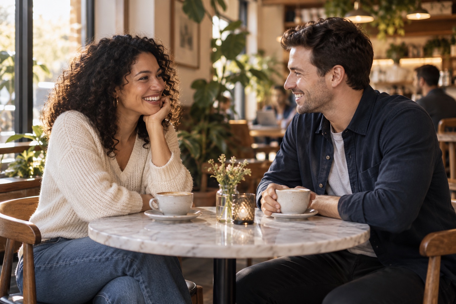 Two adults enjoying a relaxed coffee date